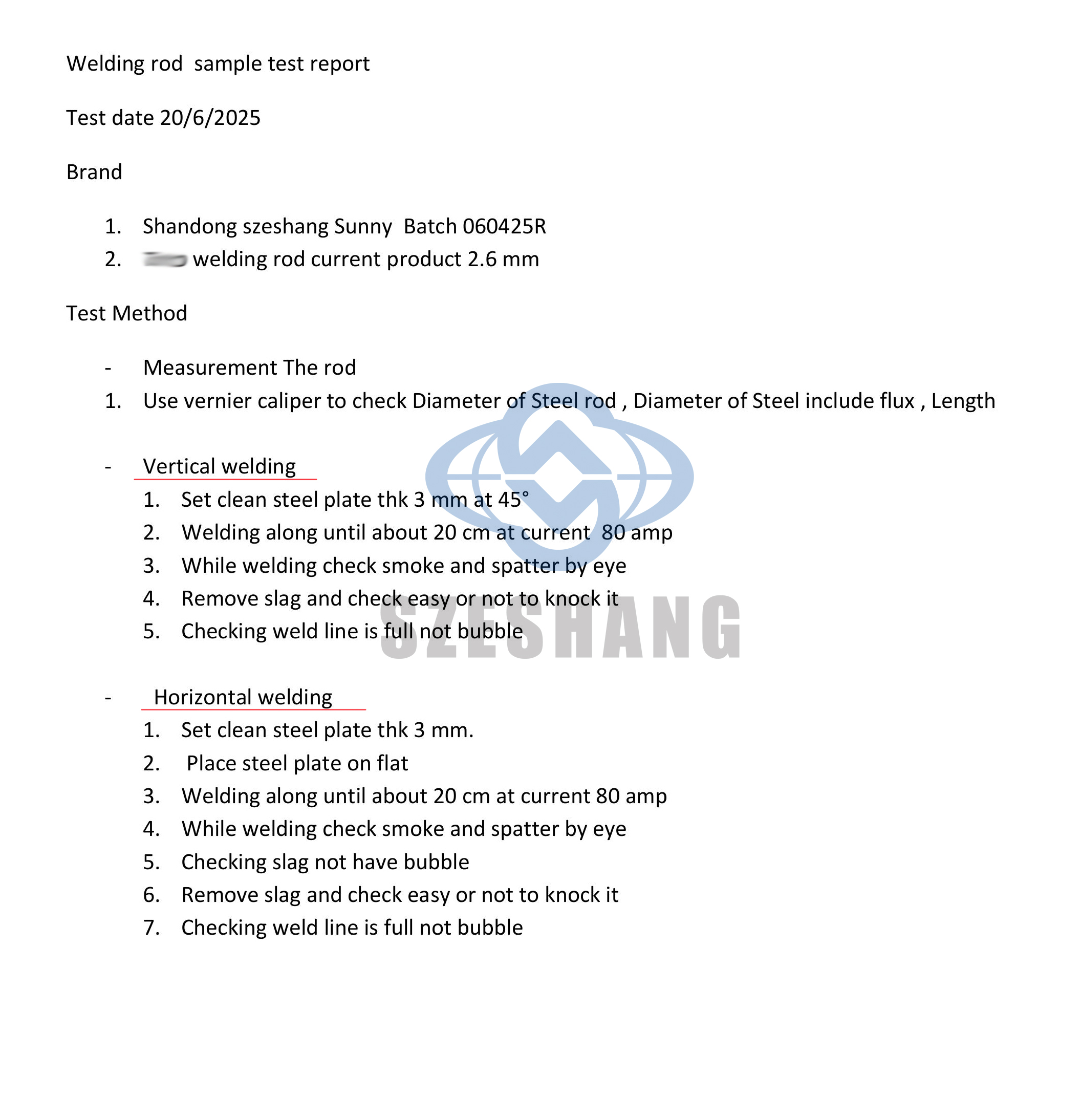 Test della bacchetta di saldatura Shandong Szeshang 